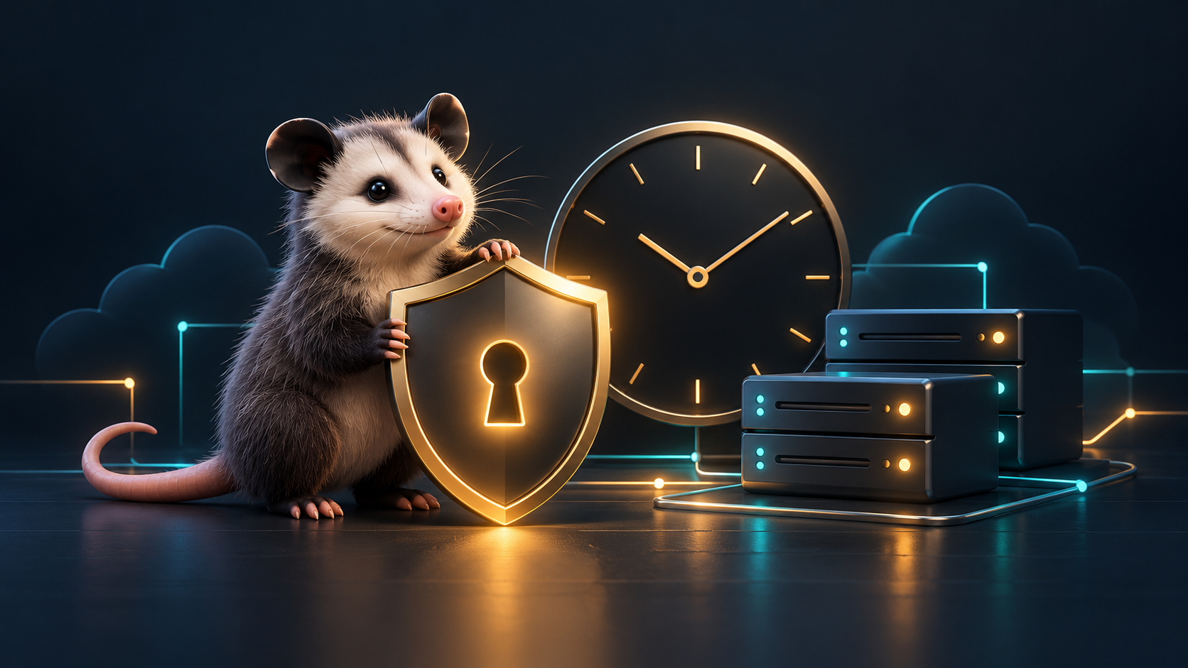 An opossum beside a glowing shield, clock, and connected servers on a dark background